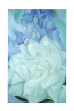 Floral wall art print featuring a large pale white rose beneath soft blue and violet blossoms with green buds.
