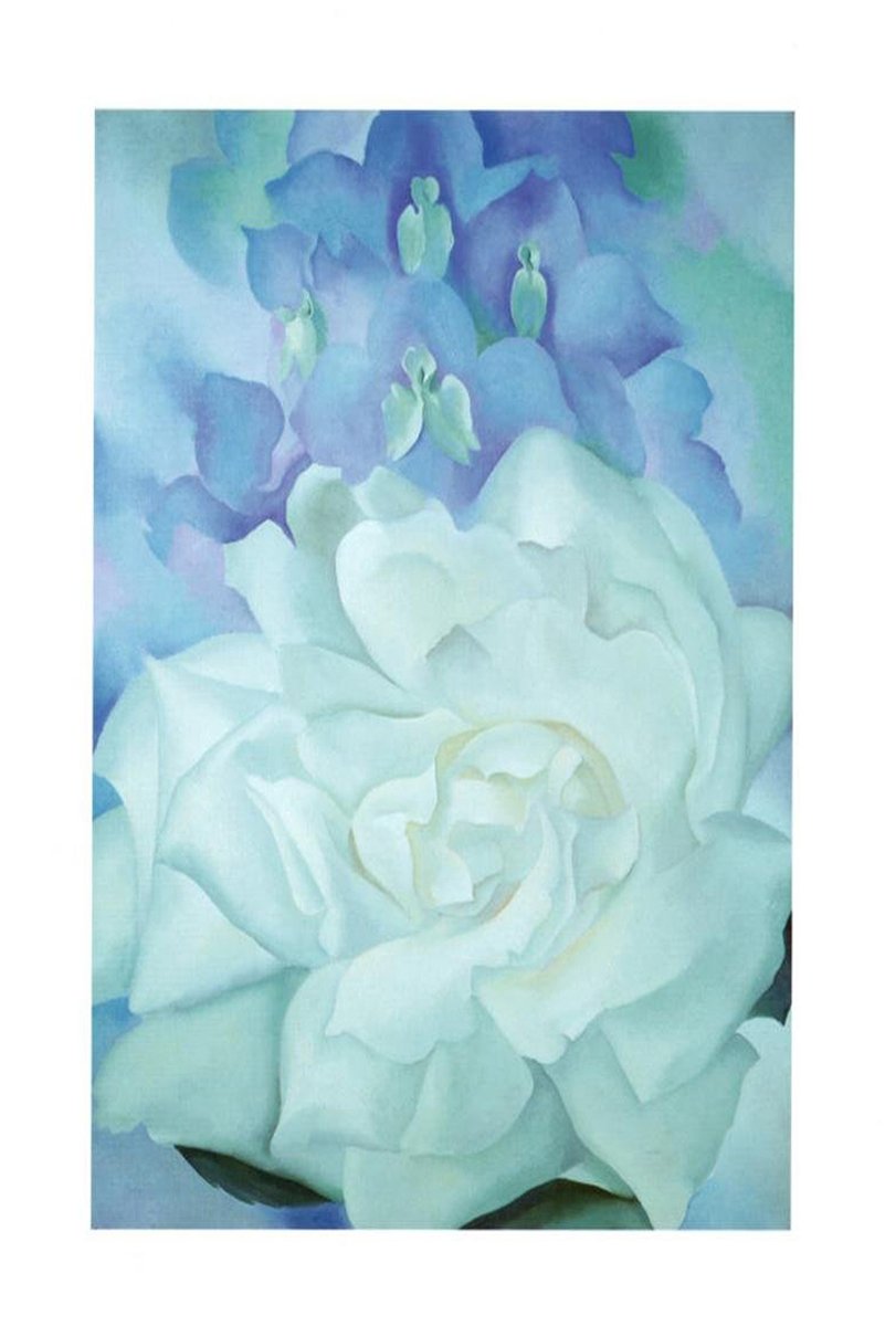 Floral wall art print featuring a large pale white rose beneath soft blue and violet blossoms with green buds.