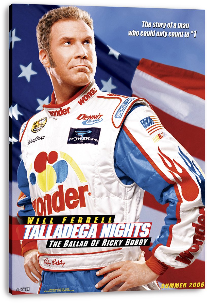 Talladega Nights canvas wall art print displays Will Ferrell as Ricky Bobby in sponsor-covered racing gear against a U.S. flag.