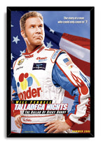 Talladega Nights framed wall art print portrays Will Ferrell as Ricky Bobby in a white racing suit with an American flag backdrop.