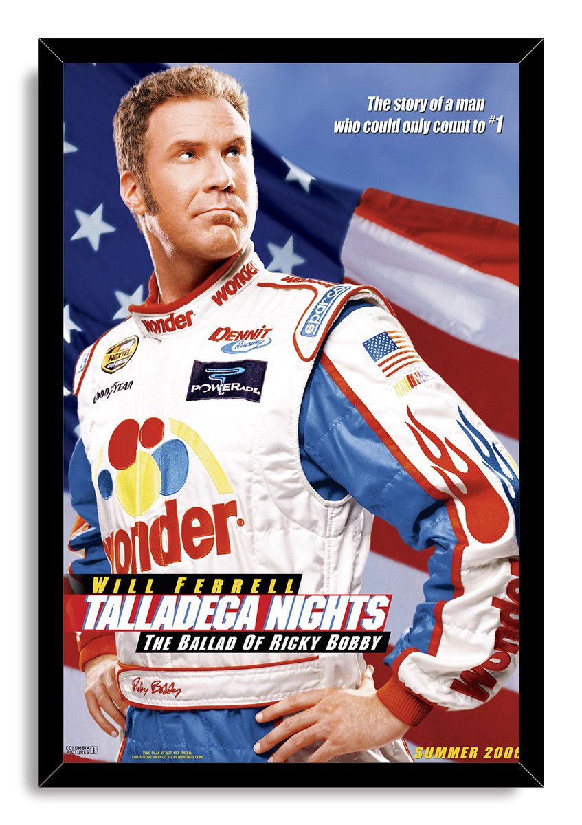 Talladega Nights framed wall art print portrays Will Ferrell as Ricky Bobby in a white racing suit with an American flag backdrop.