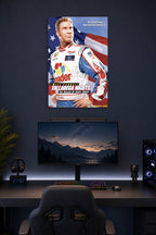 Will Ferrell Ricky Bobby Talladega Nights in a gaming desk setup above a monitor.