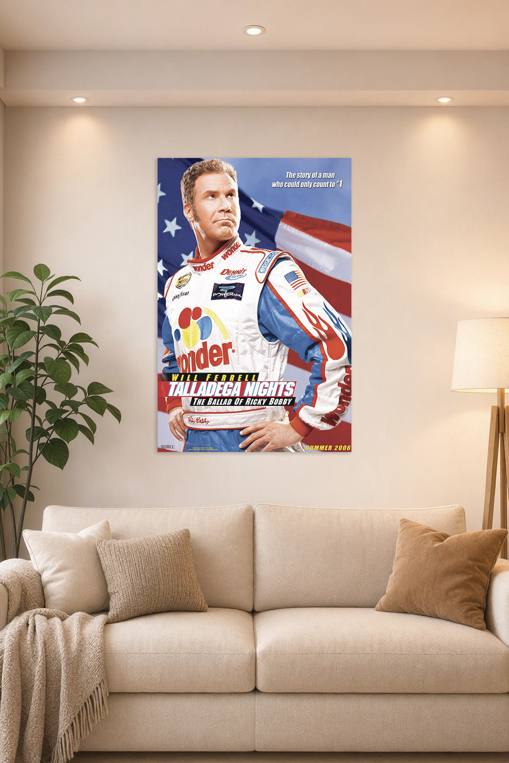Will Ferrell Ricky Bobby Talladega Nights in a bright living room above a beige sofa.