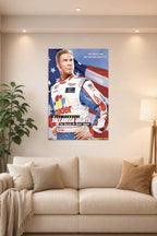 Will Ferrell Ricky Bobby Talladega Nights in a bright living room above a beige sofa.