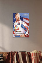 Will Ferrell Ricky Bobby Talladega Nights in a cozy movie room above a brown sofa with popcorn.
