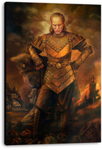 Willem Dafoe fantasy warrior canvas wall art portrays an armored man before storm clouds, skulls, and fiery ruins.