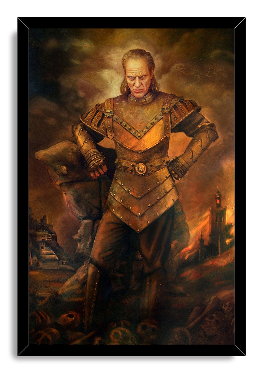 Fantasy warrior framed wall art print of an armored man standing over skulls beneath a dark, fire-lit sky.