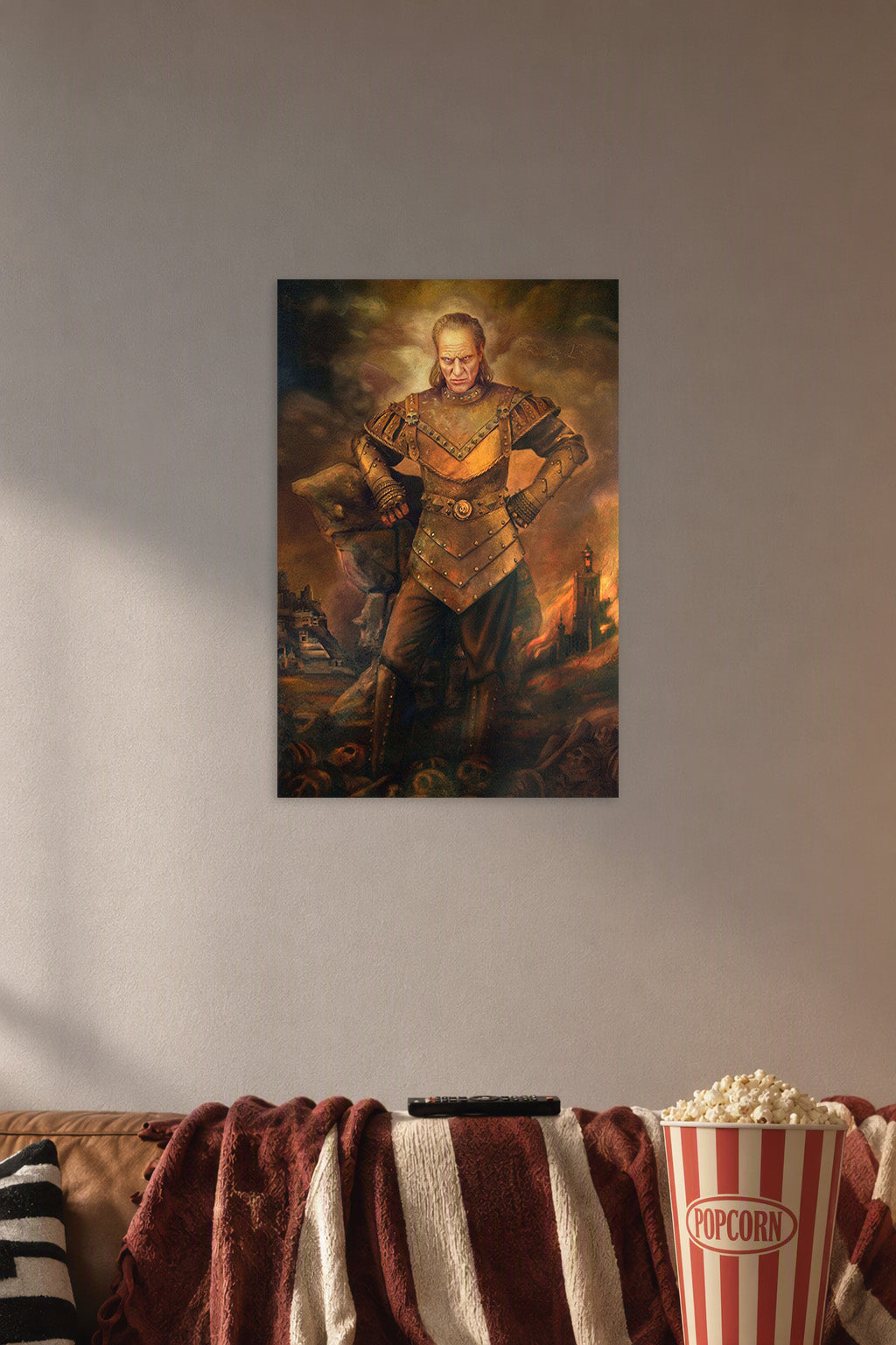 Willem Dafoe Fantasy Warrior in a cozy movie room above a brown sofa with popcorn.