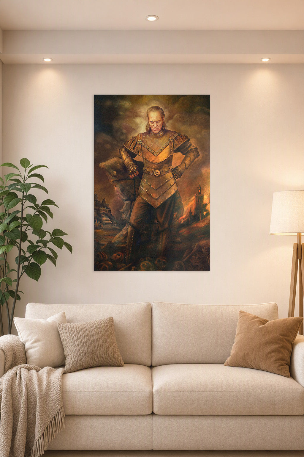 Willem Dafoe Fantasy Warrior in a bright living room above a beige sofa.