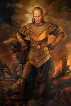 Fantasy warrior wall art print depicting a stern armored man amid skulls, storm clouds, ruined buildings, and orange fire.