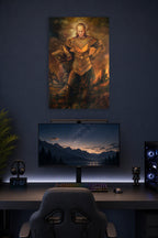 Willem Dafoe Fantasy Warrior in a gaming desk setup above a monitor.