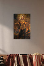 Willem Dafoe Fantasy Warrior in a cozy movie room above a brown sofa with popcorn.