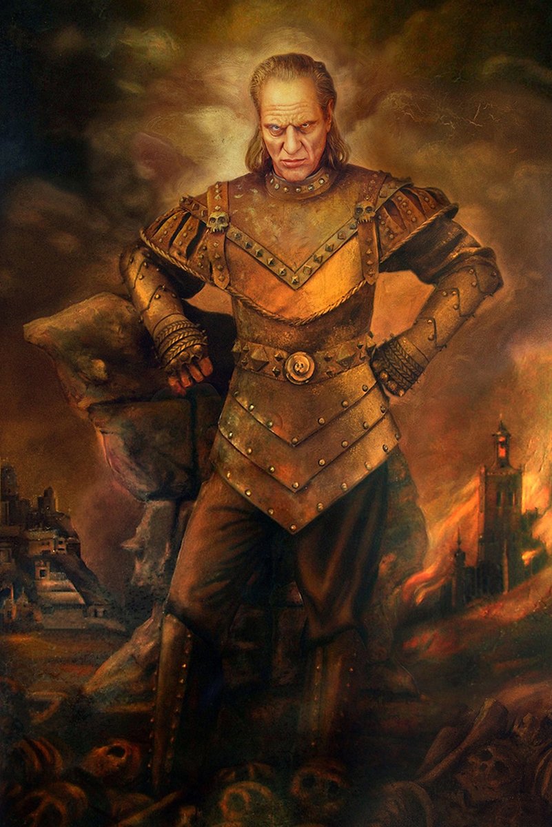 Willem Dafoe fantasy warrior wall art print portrays a stern armored man amid skulls, storm clouds, and a burning city.