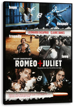 Romeo + Juliet wall art print on a black-edged canvas presents a dramatic collage of the couple kissing, a gunman, angel wings, and bullets.