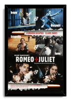 Romeo + Juliet framed wall art print displays Leonardo DiCaprio and Claire Danes in a moody collage with torn-paper strips and red title lettering.