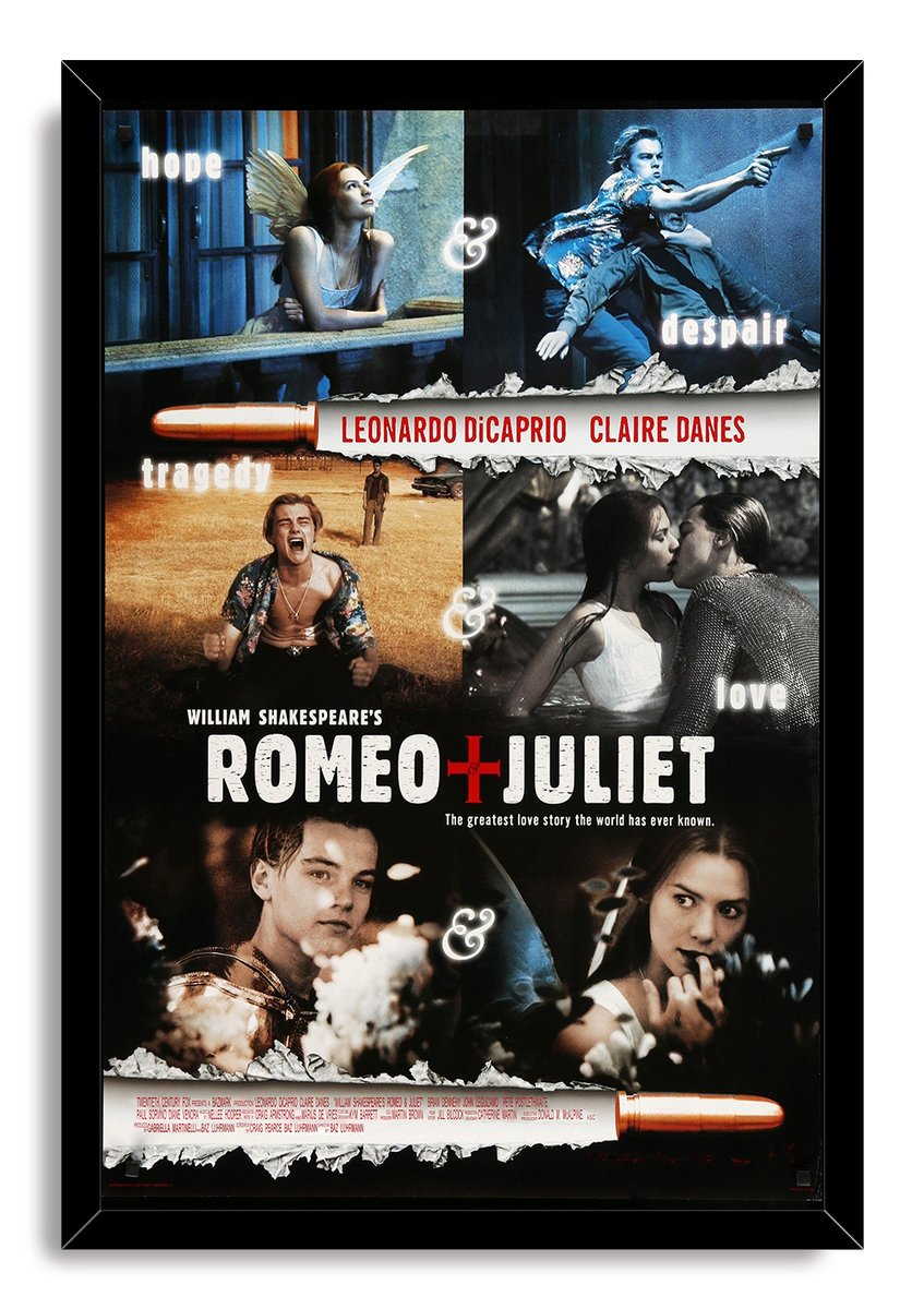 Romeo + Juliet framed wall art print displays Leonardo DiCaprio and Claire Danes in a moody collage with torn-paper strips and red title lettering.