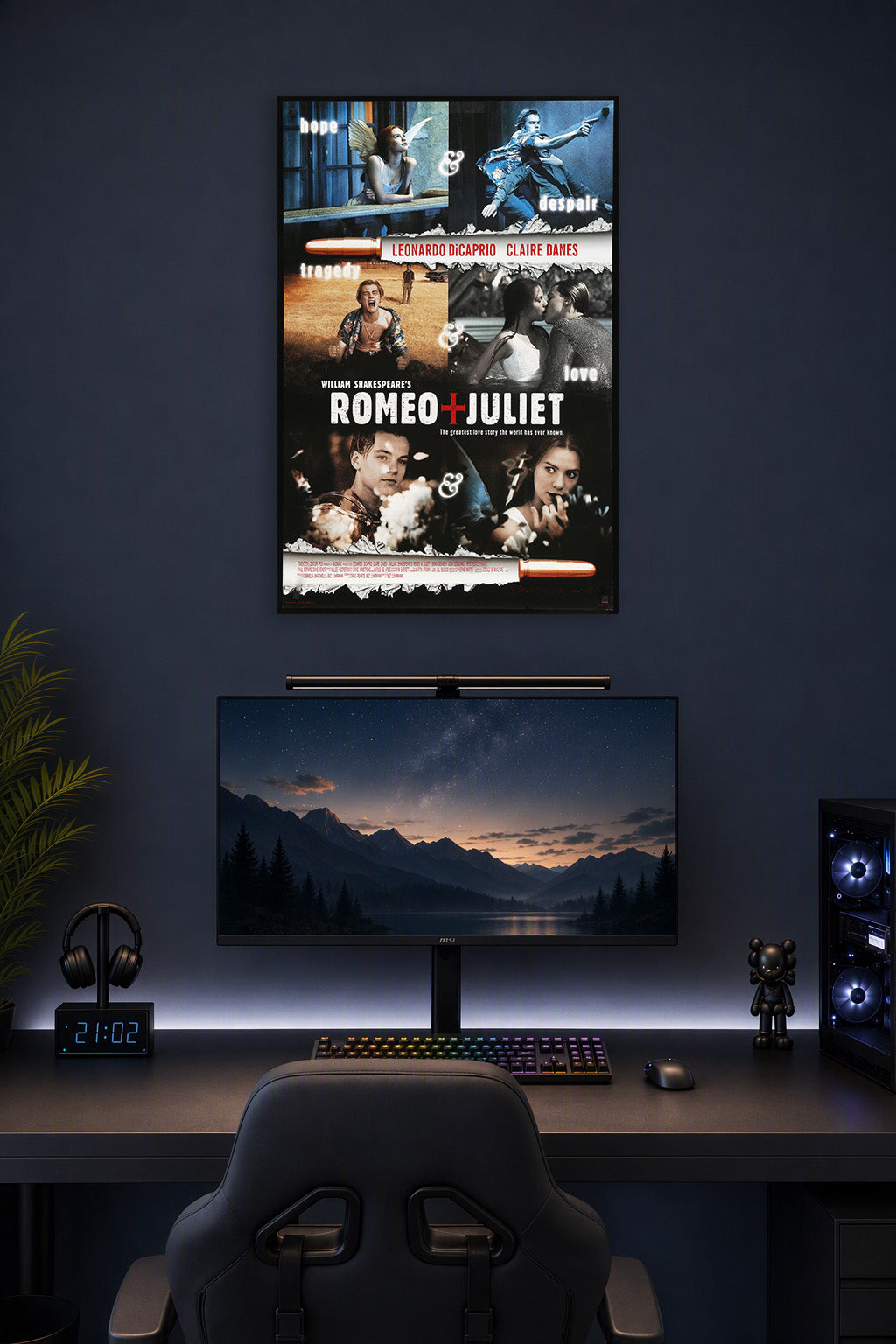 William Shakespeare's Romeo + Juliet in a gaming desk setup above a monitor.