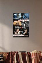 William Shakespeare's Romeo + Juliet in a cozy movie room above a brown sofa with popcorn.