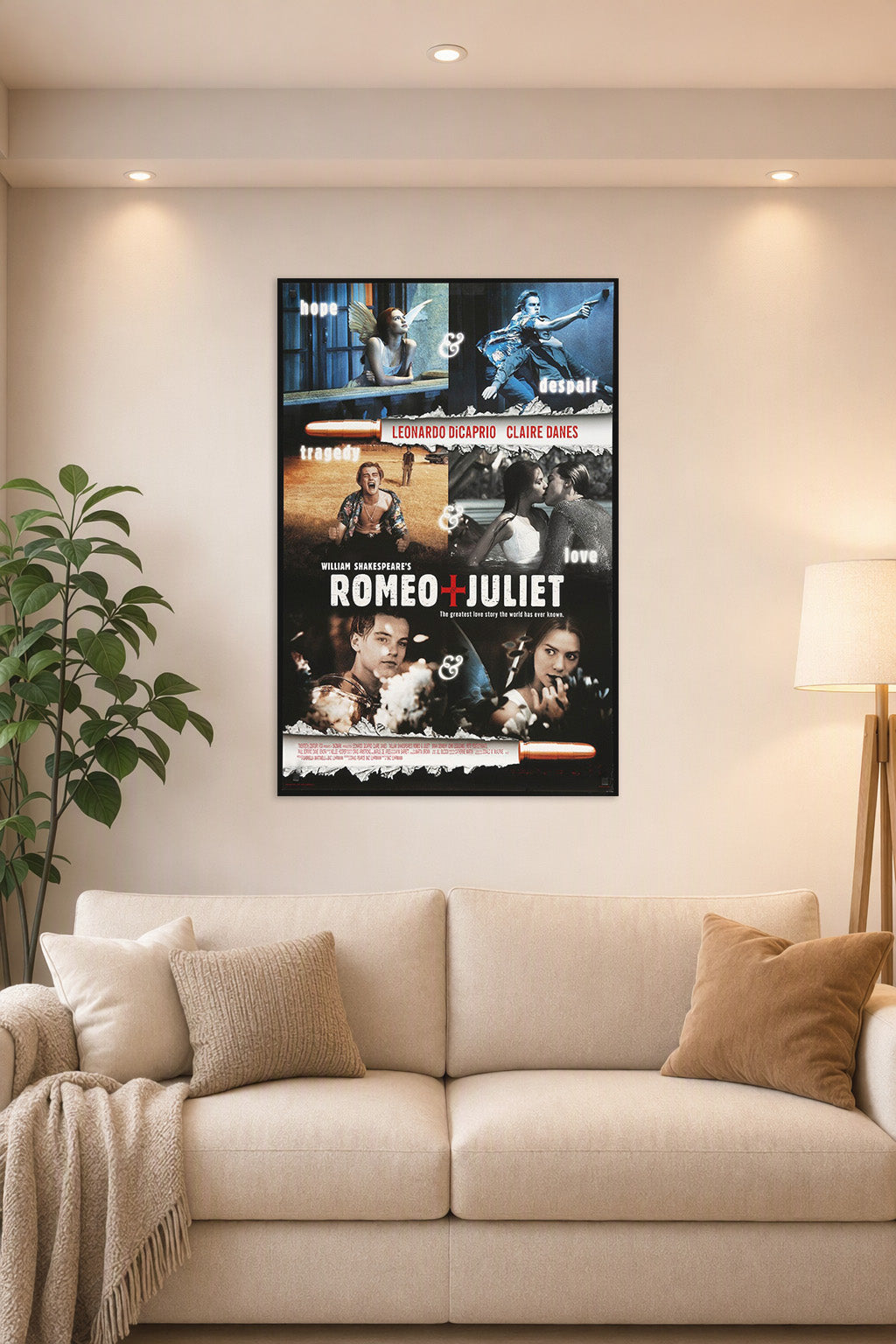William Shakespeare's Romeo + Juliet in a bright living room above a beige sofa.