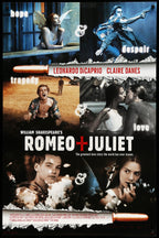 Romeo + Juliet poster features a blue and sepia collage of Leonardo DiCaprio and Claire Danes, with hope, despair, tragedy, and love text.