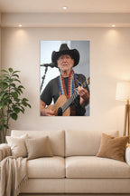 Willie Nelson in a bright living room above a beige sofa.