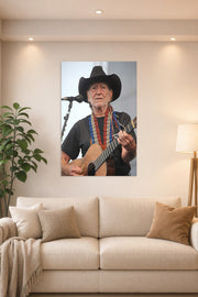 Willie Nelson in a bright living room above a beige sofa.