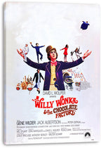 Willy Wonka & the Chocolate Factory canvas wall art print displays the classic poster with Willy Wonka, floating figures, red title lettering, and credits.