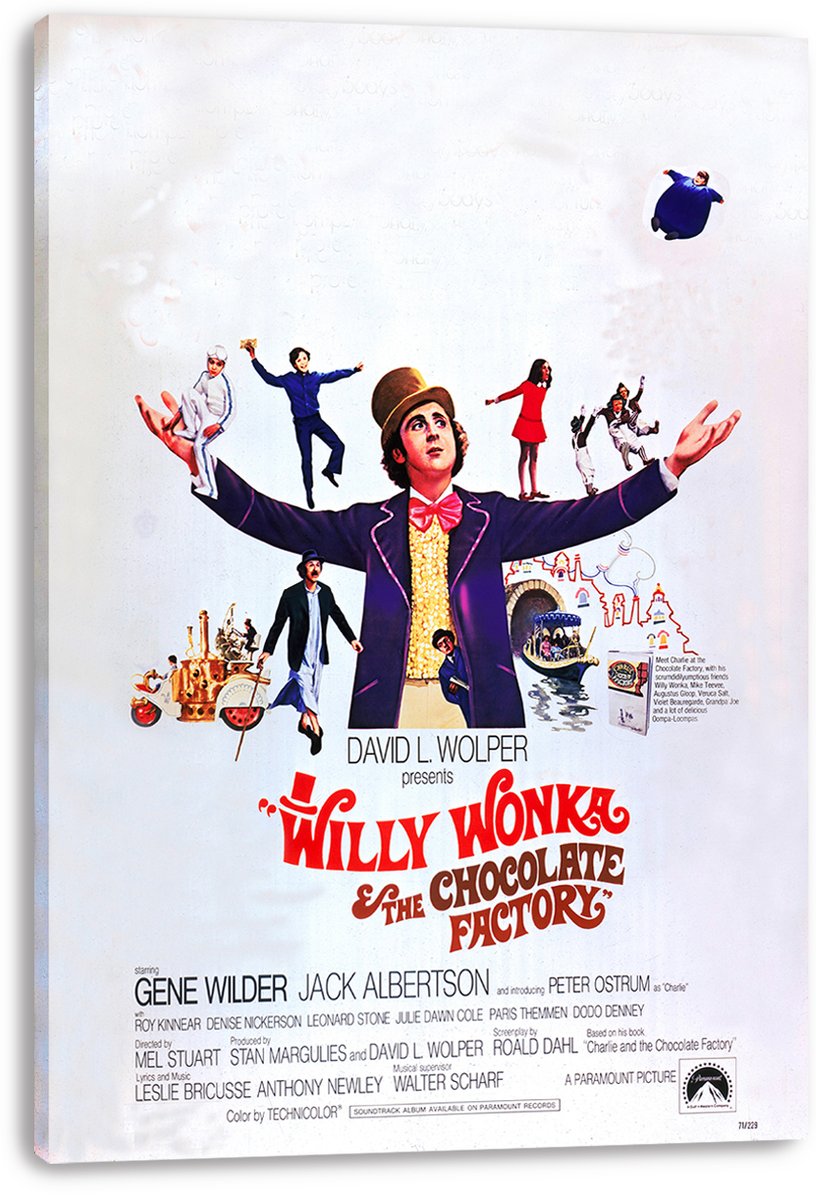 Willy Wonka & the Chocolate Factory canvas wall art print displays the classic poster with Willy Wonka, floating figures, red title lettering, and credits.