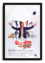 Willy Wonka & the Chocolate Factory framed wall art print presents Willy Wonka in a purple coat, whimsical characters, factory scenes, and bold red typography.