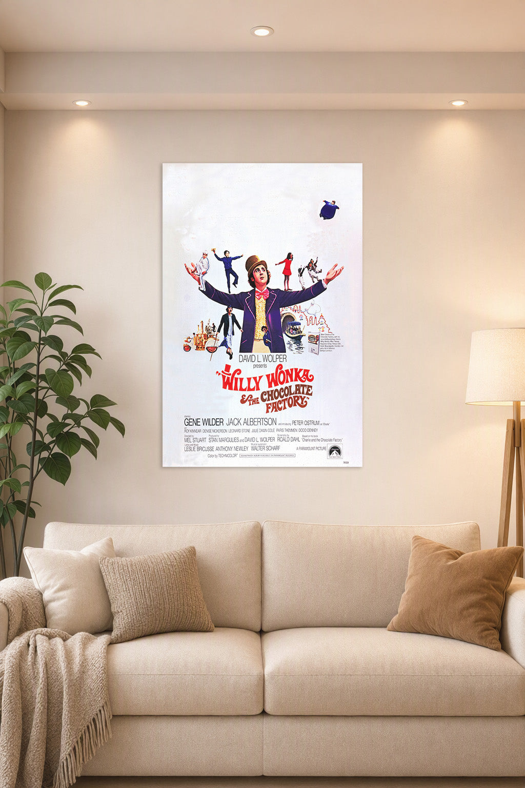 Willy Wonka & The Chocolate Factory in a bright living room above a beige sofa.