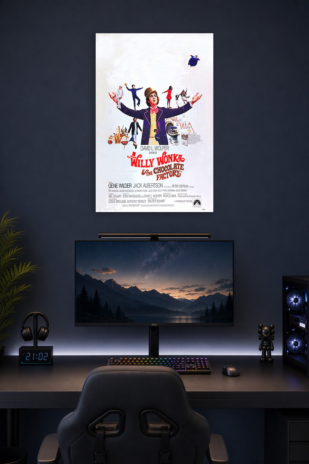 Willy Wonka & The Chocolate Factory in a gaming desk setup above a monitor.