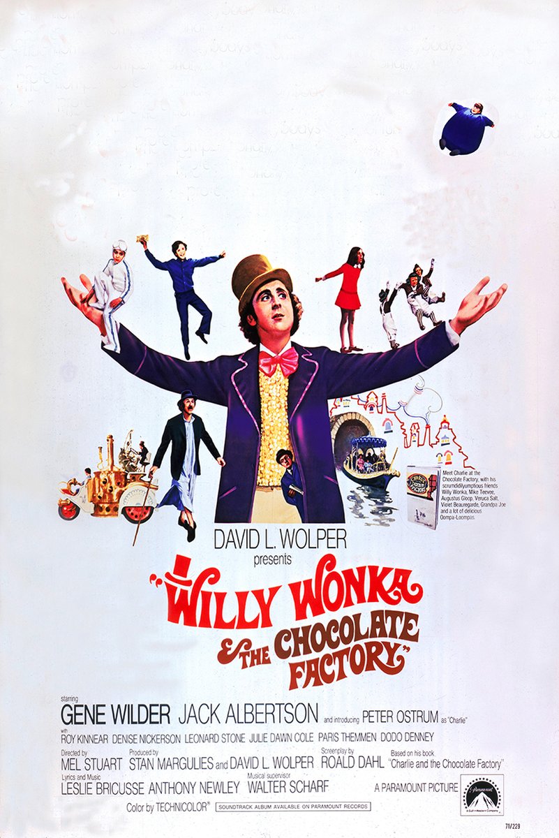Willy Wonka & the Chocolate Factory poster features Willy Wonka in a purple coat with outstretched arms, surrounded by characters and a factory train.