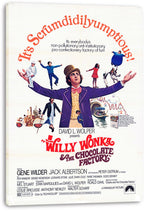 Willy Wonka and the Chocolate Factory canvas wall art print featuring Willy in purple with children and whimsical factory vignettes.