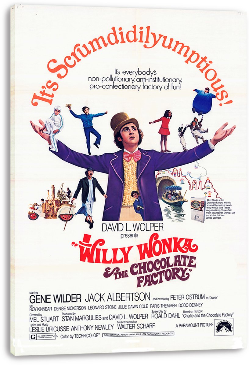 Willy Wonka and the Chocolate Factory canvas wall art print featuring Willy in purple with children and whimsical factory vignettes.