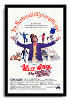 Framed Willy Wonka and the Chocolate Factory wall art print with Willy in a purple coat, red typography, children, and candy factory scenes.