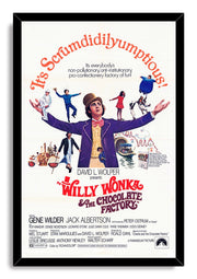 Framed Willy Wonka and the Chocolate Factory wall art print with Willy in a purple coat, red typography, children, and candy factory scenes.
