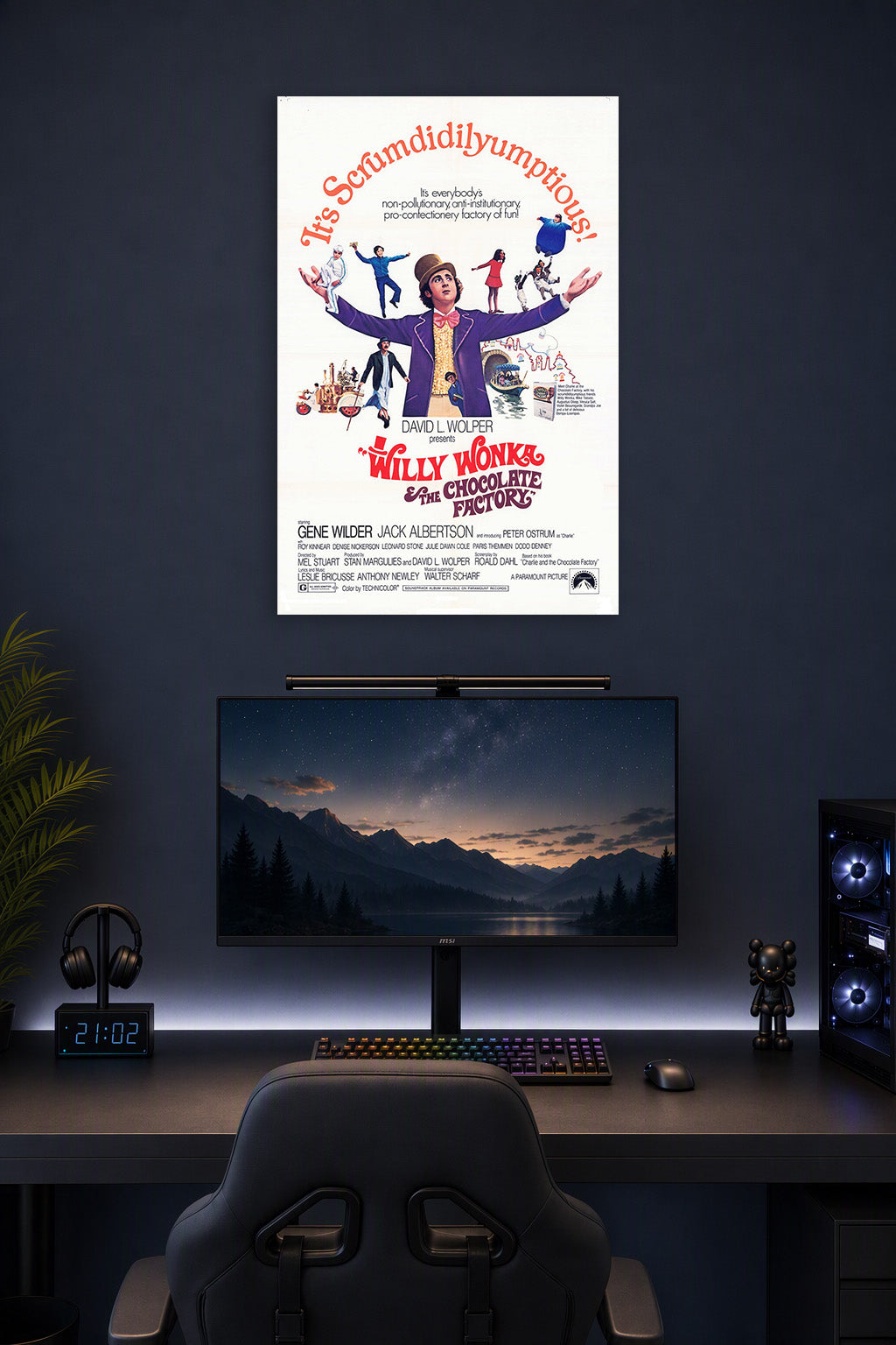 Willy Wonka & the Chocolate Factory in a gaming desk setup above a monitor.