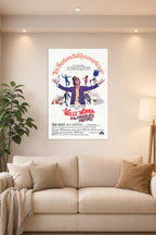 Willy Wonka & the Chocolate Factory in a bright living room above a beige sofa.