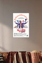 Willy Wonka & the Chocolate Factory in a cozy movie room above a brown sofa with popcorn.