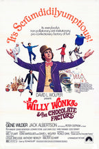 Willy Wonka and the Chocolate Factory poster with Willy in a purple coat, children, factory scenes, and red title lettering.