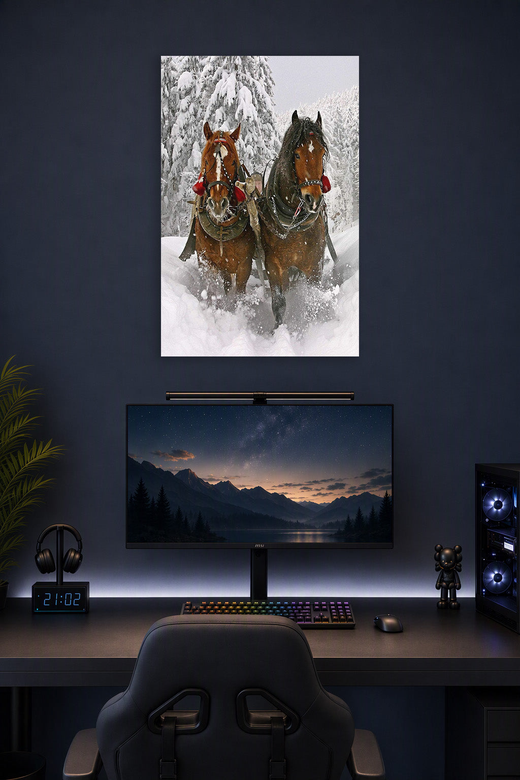 Winter Horses Sleigh Ride in a gaming desk setup above a monitor.