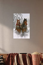 Winter Horses Sleigh Ride in a cozy movie room above a brown sofa with popcorn.