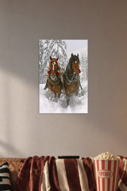 Winter Horses Sleigh Ride in a cozy movie room above a brown sofa with popcorn.