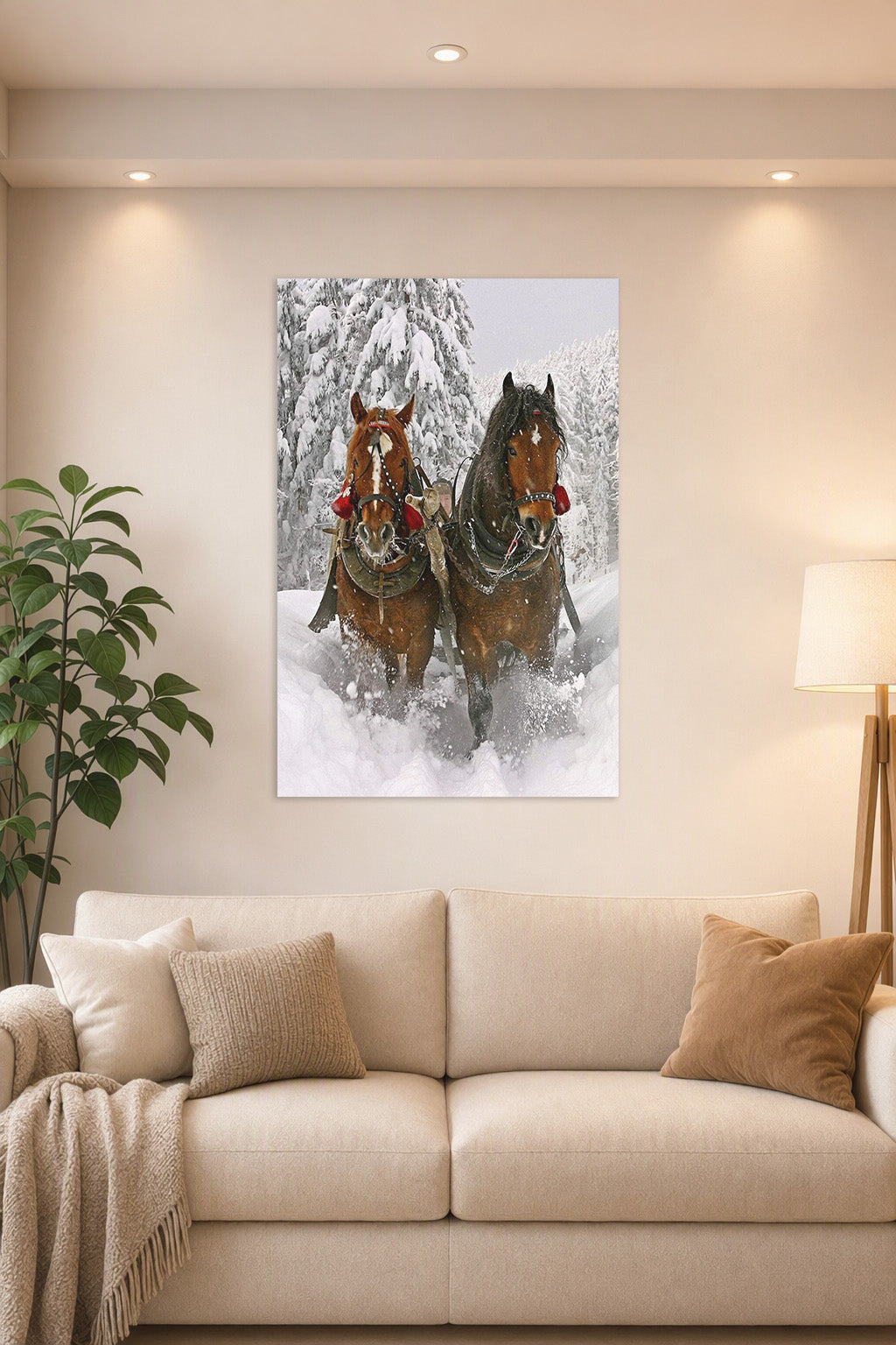 Winter Horses Sleigh Ride in a bright living room above a beige sofa.