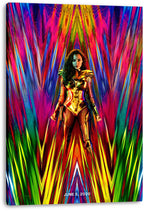 Wonder Woman canvas wall art print presents a gold-armored heroine with swords against symmetrical multicolor abstract rays and June 5, 2020 text.
