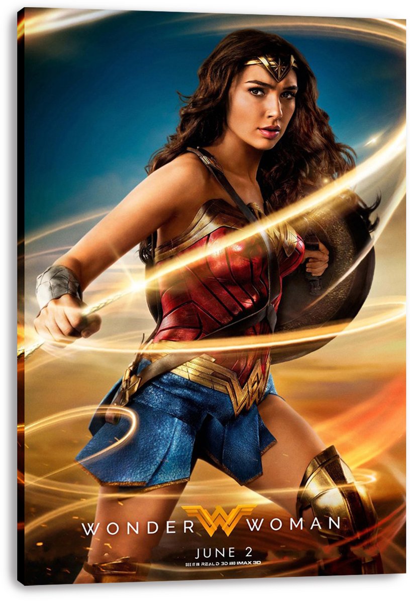 Wonder Woman canvas wall art print displays the heroine in red and blue armor with shield, luminous lasso, and film title.