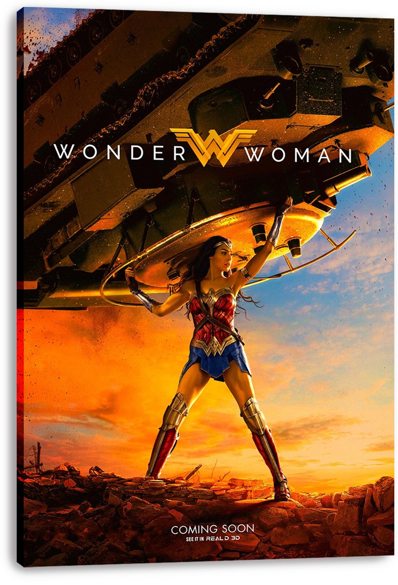 Wonder Woman canvas wall art print displays the heroine raising a tank over a rubble-strewn landscape at sunset.