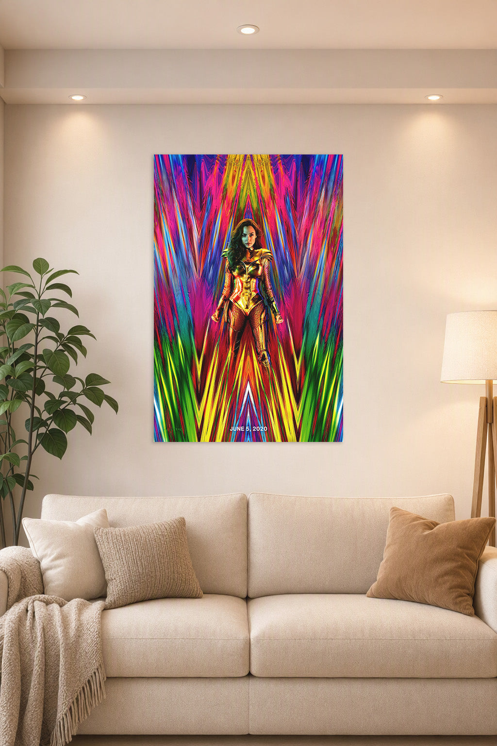 Wonder Woman in a bright living room above a beige sofa.