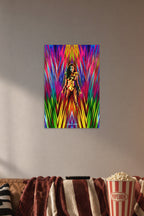 Wonder Woman in a cozy movie room above a brown sofa with popcorn.