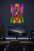 Wonder Woman in a gaming desk setup above a monitor.